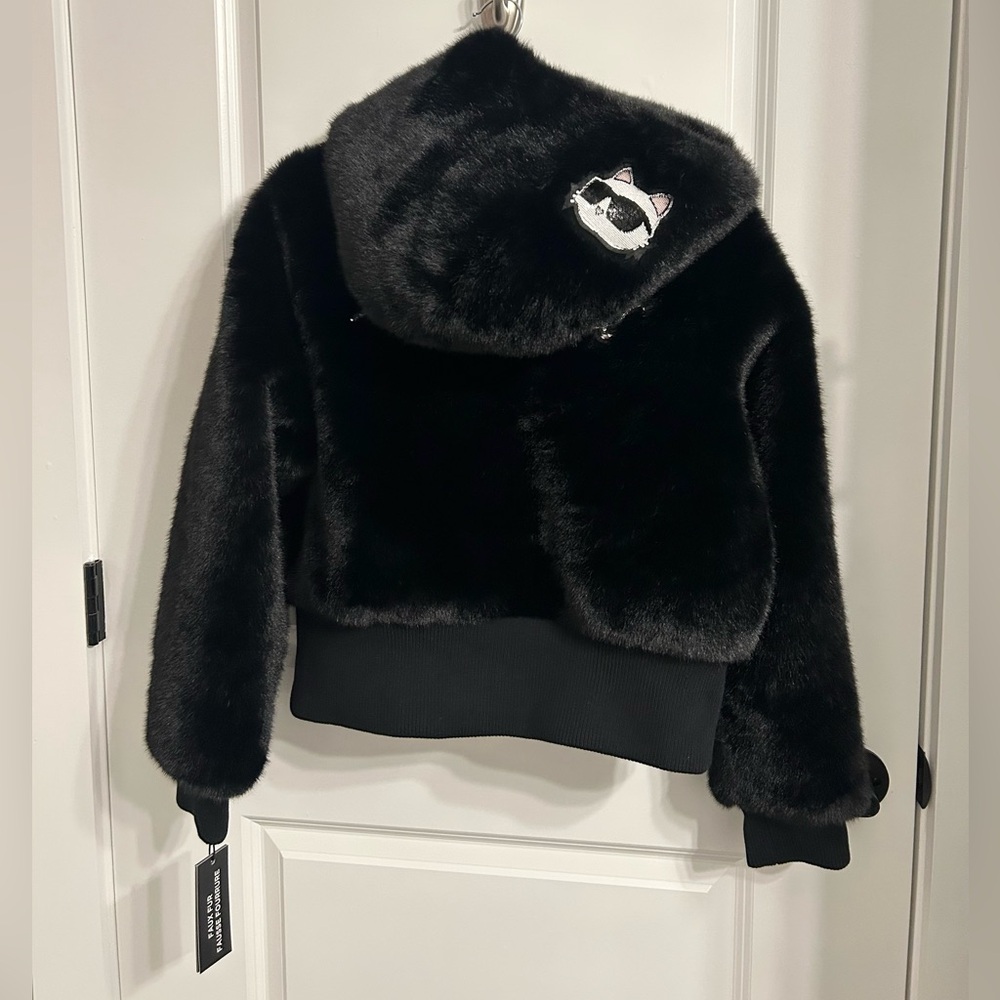 Karl Lagerfeld Faux Fur Logo Patch Bomber Jacket - Picture 14 of 17